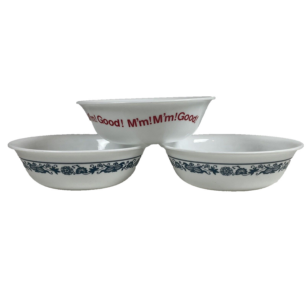 Corelle Corning 2 Vtg Old Town Blue Onion Soup Cereal Bowls + Campbell MmMm Good